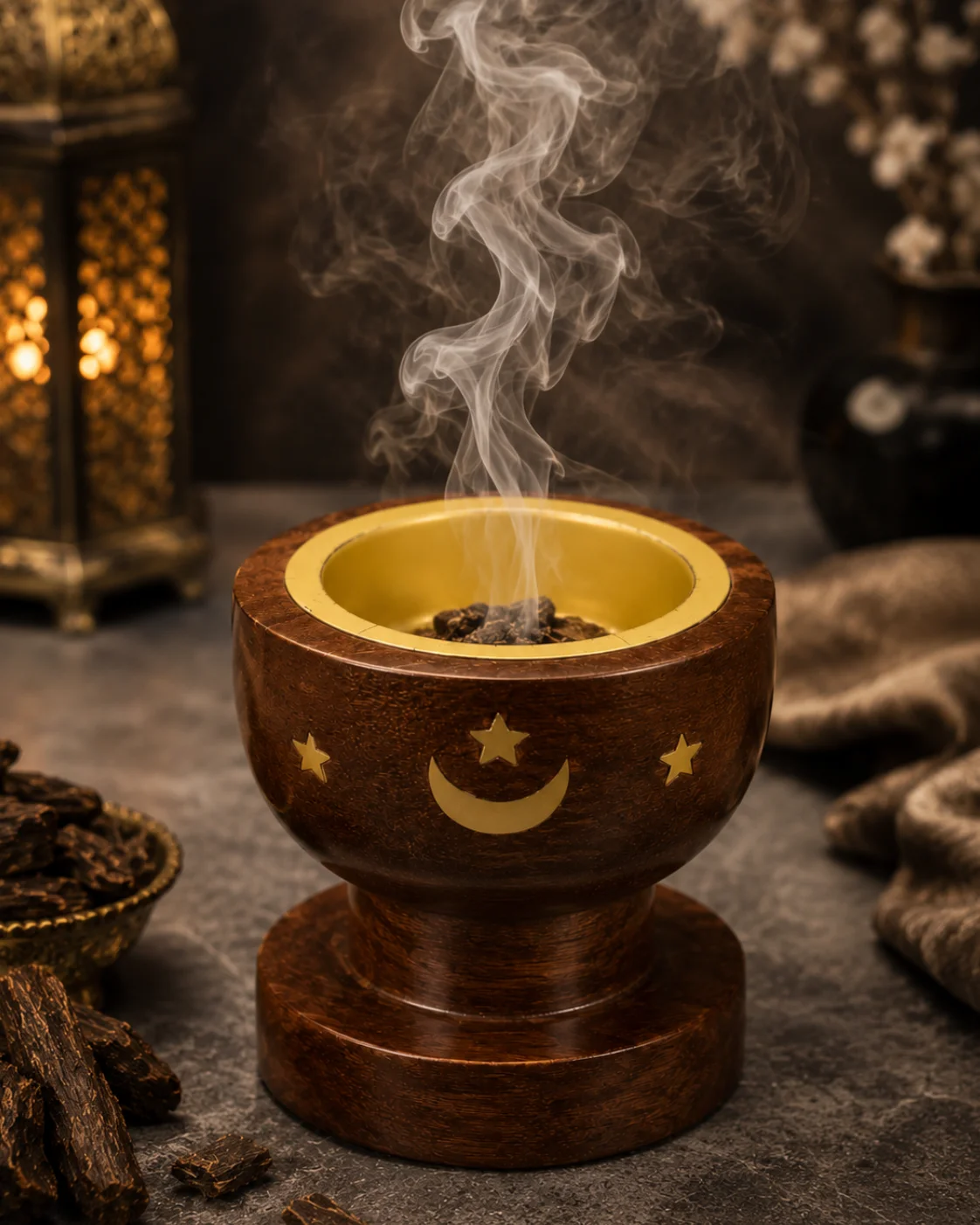 Imported Crescent Moon Wooden Bakhoor & Loban Burner (Round Bowl)