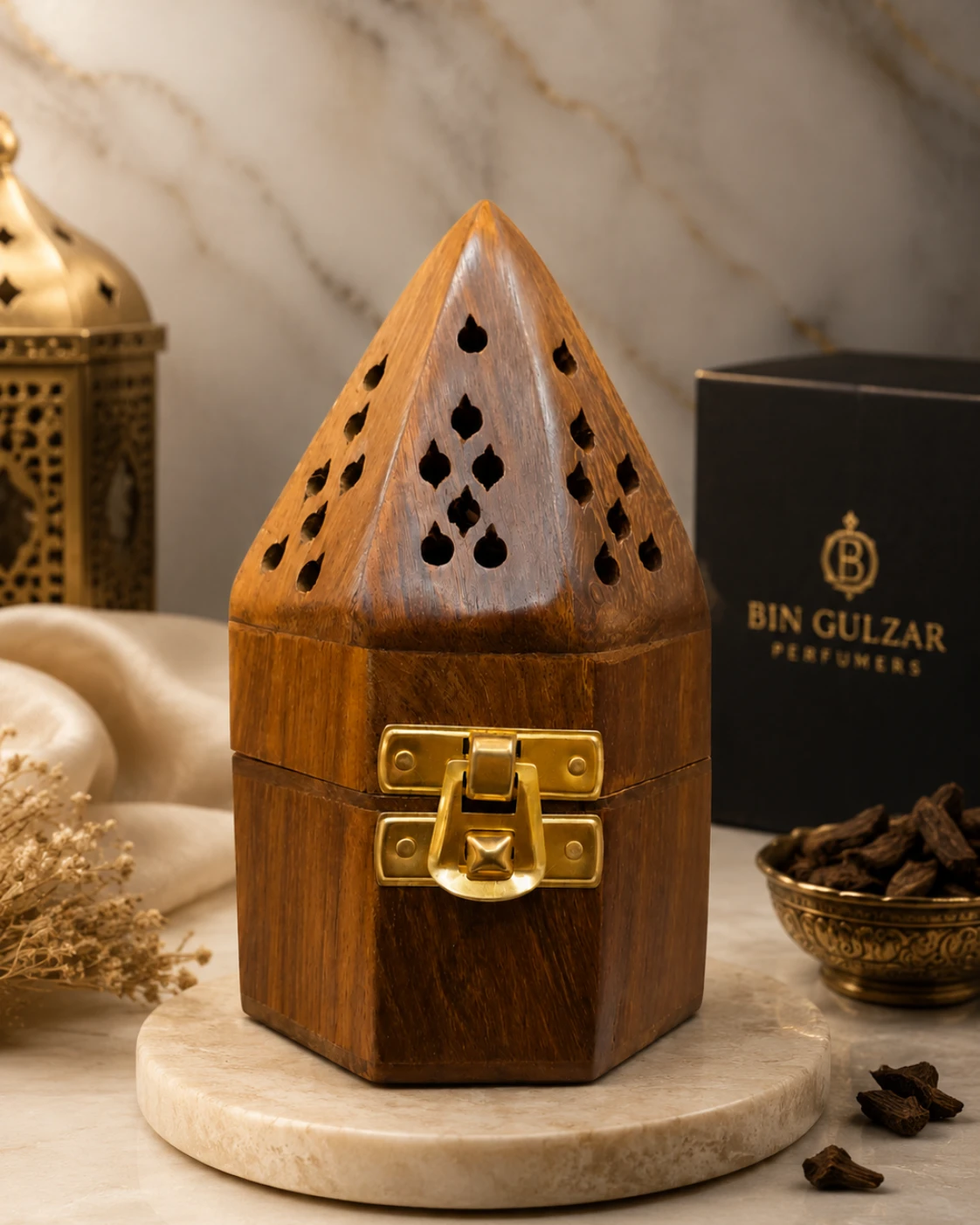 Imported Minaret Wooden Bakhoor & Loban Burner (Hexagon Design)